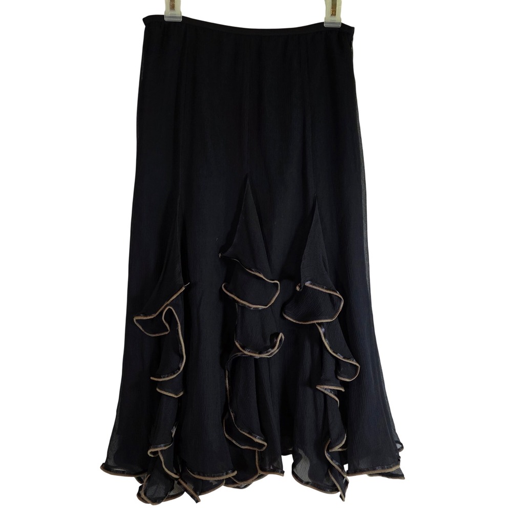 Nic+Zoe Black Silk Ruffle Tiered Women 4 Midi Skirt Whimsigoth Dark Fairy